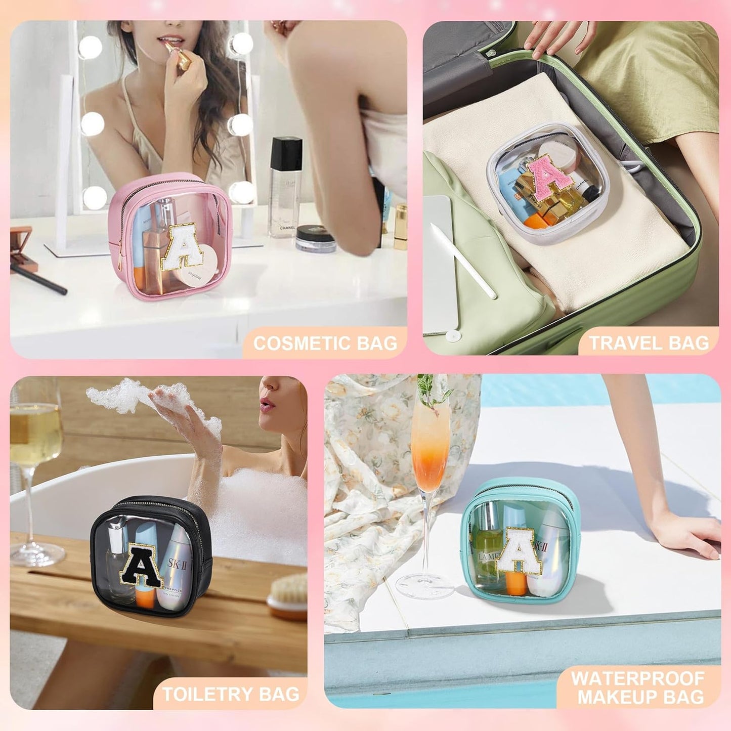 YOOLIFE Initial Mini Makeup Bag | Make Up Bag Travel Toiletry Bag | Clear Makeup Bag | Preppy Cosmetic Bags Organizer Travel Essentials Gifts for Women Teen Girlfriend Teacher Birthday Gifts Pink A