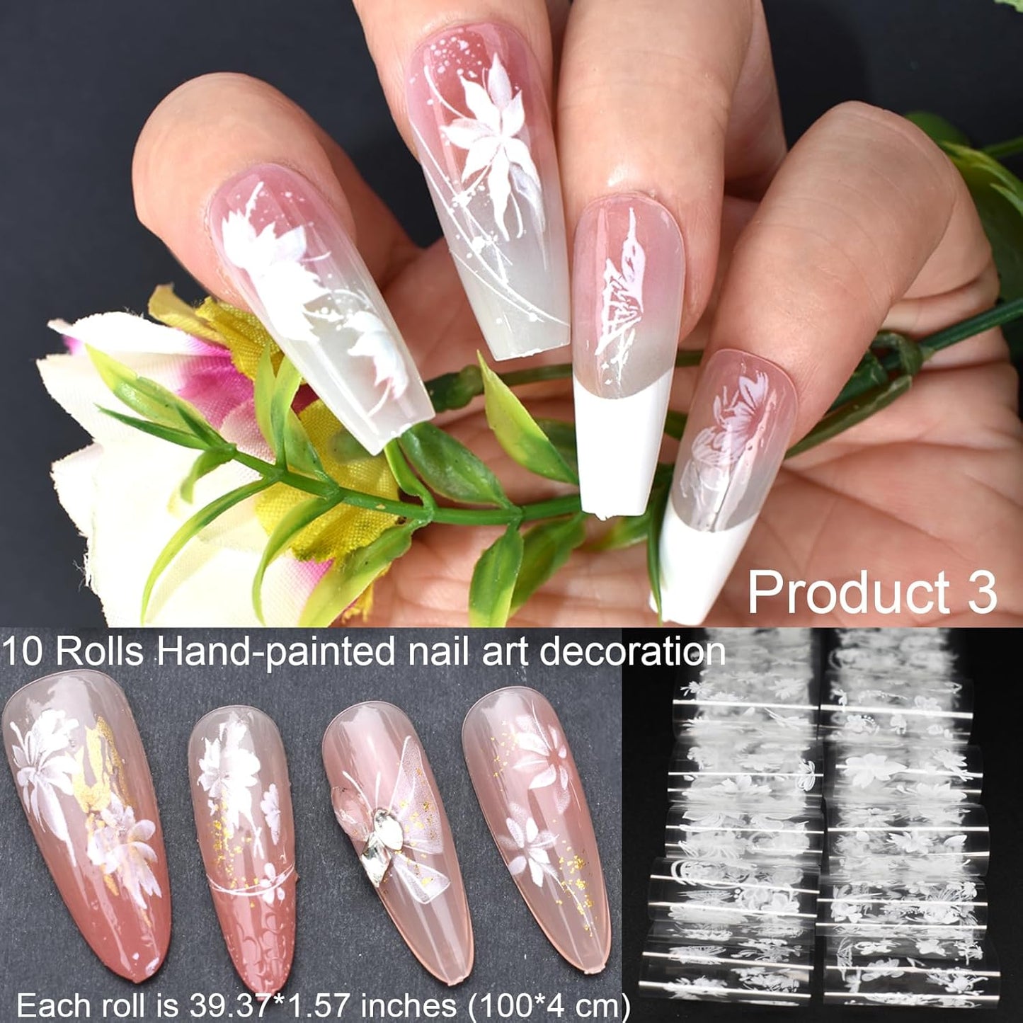 30 Rolls Nail Art Transfer Foils Set,10 Rolls Holographic Laser Aurora Nail Foil and 10Roll Metallic Color Nails Decals and 10Roll White Flowers Nails Foil Transfer Stickers 39.37x1.57 inches (30)