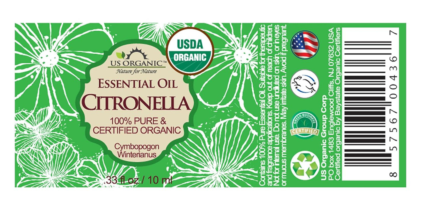 US Organic Citronella Essential Oil, USDA Certified, 100% Pure, 10 ml Pack of 2, Improved caps and droppers – Used for Skin Care, Many DIY Projects Like Candle Making and Much More