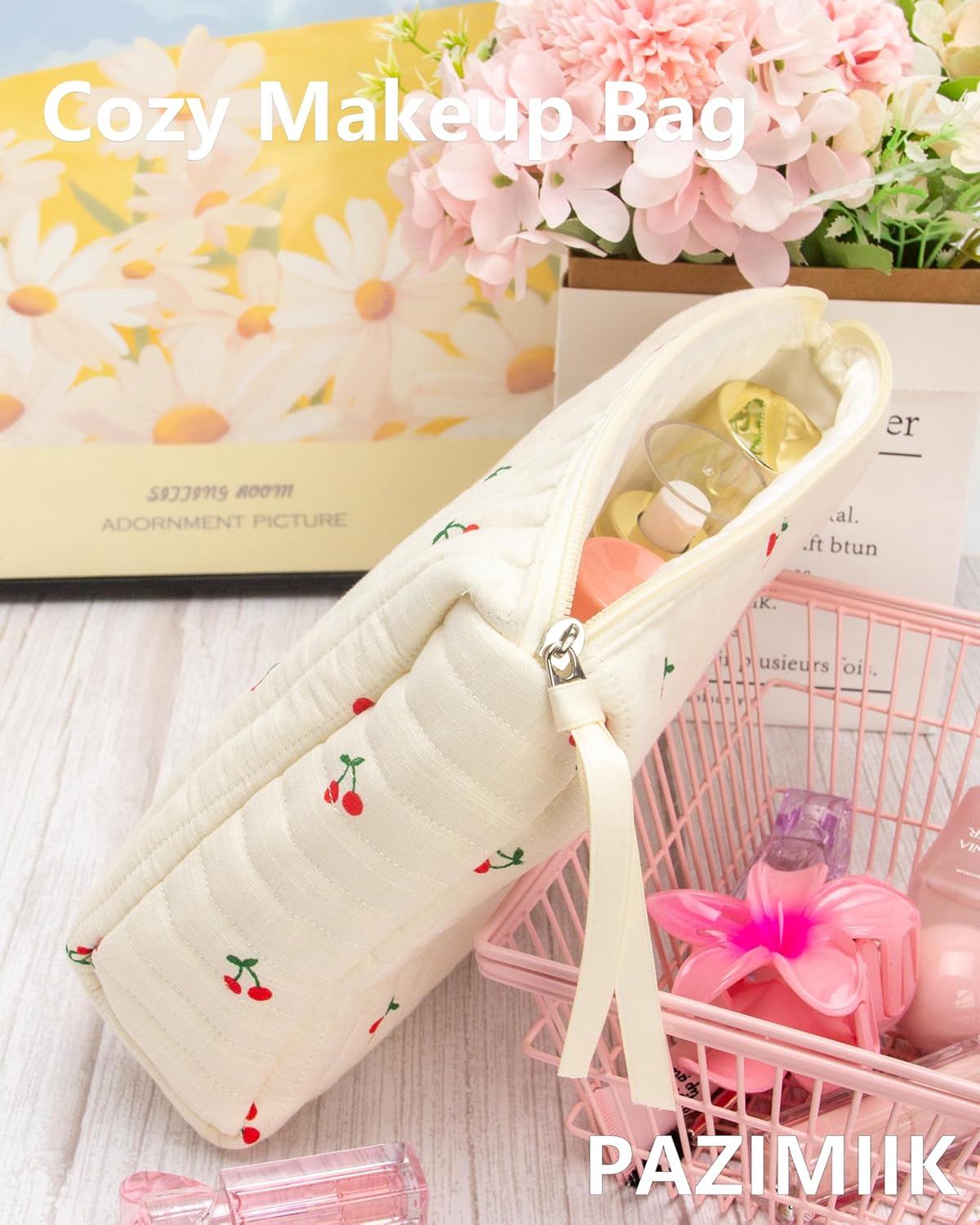 PAZIMIIK 3PCS Makeup Bag SET Large Travel Quilted Zipper Soft Cosmetic Case Pouch for Women Girls Make Up,Cherry Beige