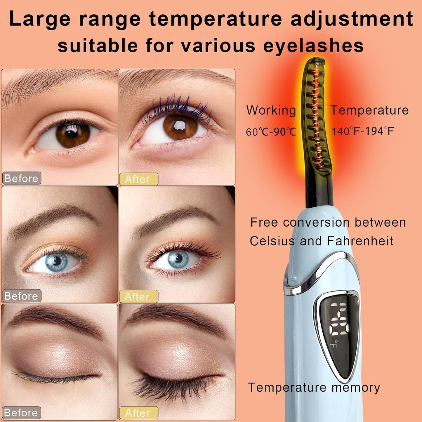 Electric Heated Eyelash Curler with LED Display, Rechargeable, Temperature Control 140°F-194°F, Natural Beauty Care for Woman (Blue+Silver)