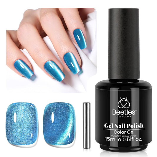 Beetles Blue Cat Eye Gel Polish, 15ML Blue Cat Eye Glitter Gel Polish with Magnet Shimmer Velvet Gel Soak Off UV Stellar Ocean Collection French Nail Art Design Manicure Summer Gifts for Women | alldaygood beauty