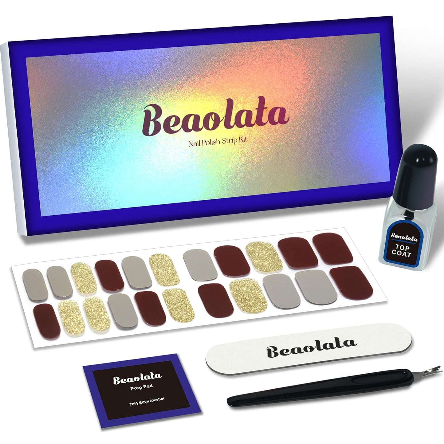 Nail Polish Strips, 44PCS Salon Quality Wraps with Top Coat, Long Lasting Gel Nail Stickers for Women Easy Apply& Remove (City Walk Brown&Gold)