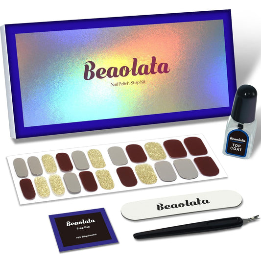 Nail Polish Strips, 44PCS Salon Quality Wraps with Top Coat, Long Lasting Gel Nail Stickers for Women Easy Apply& Remove (City Walk Brown&Gold) | alldaygood beauty