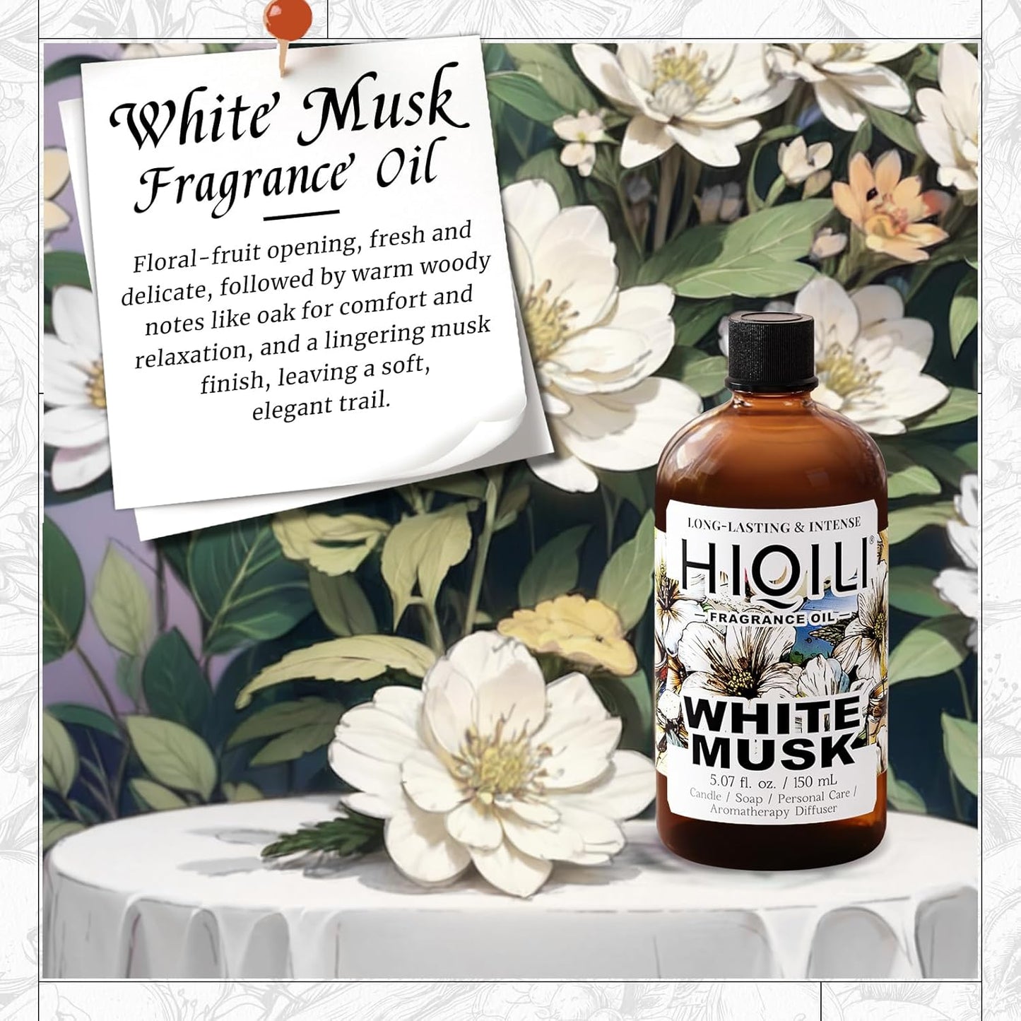 HIQILI White Musk Fragrance Oil, Candle Scents for Candle Making, Soap Making Supplies, Musk Perfume for Women, for Diffuser Use - 5.07 Fl Oz