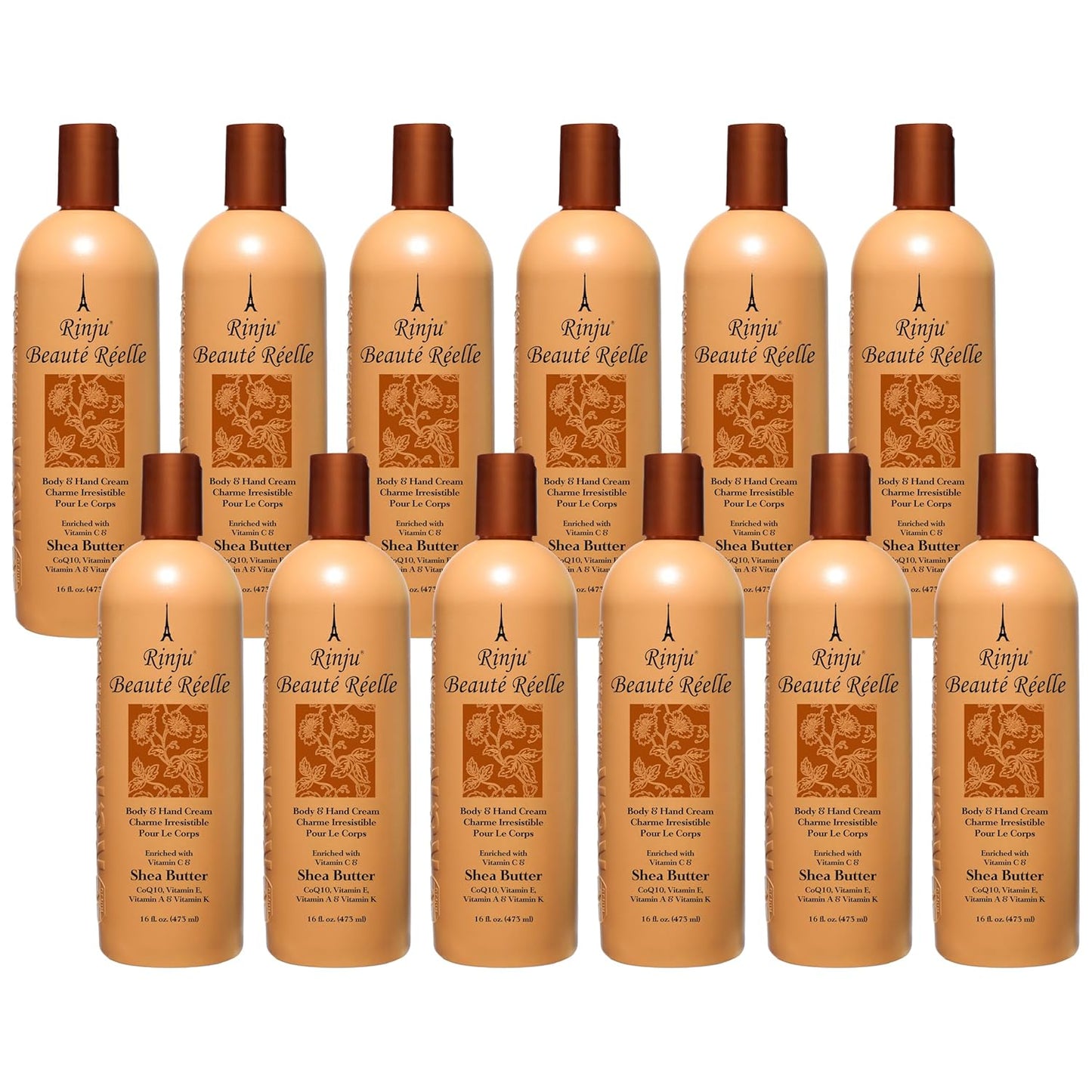 Rinju Beaute Relle Body and Hand Cream 16 oz. (Case of 12) - Shea Butter Cream for Dry Skin - Vitamin E, A & K Moisturizer