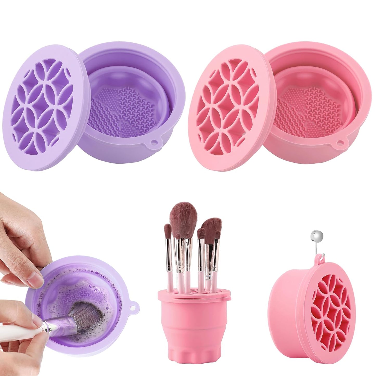 Makeup Brush Cleaner - Foldable Silicone Makeup Brush Cleaner Mat with Brush Storage Holder Makeup Brush Cleaning Bowl Cosmetic Brush Washing Tool for Cleaning Organizer and Drying (Purple and Pink)