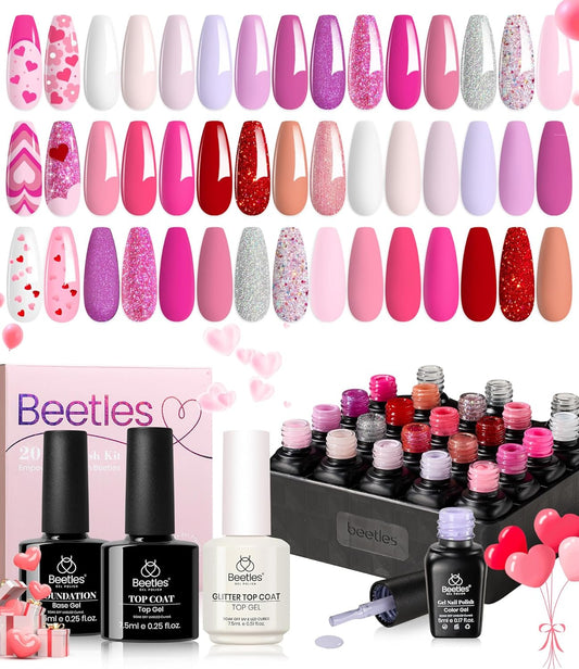 beetles Pink Gel Polish Set 20 Colors Hot Pink Alluring Sweetie Collection Nude Purple Glitter Red Uv Gel Manicure Kit with Base Glossy and Glitter Top Coat Gifts for Women | alldaygood beauty