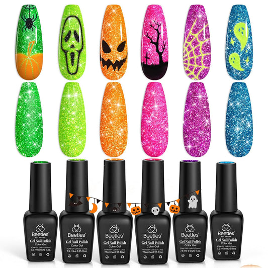 beetles Gel Polish Neon Carnival 6 Colors Reflective Glitter Gel Nail Polish Set Nails Blue Hot Pink Purple Soak Off Uv Led Sparkly bright Colors Halloween Nail Polish Kit Gift for Women | alldaygood beauty