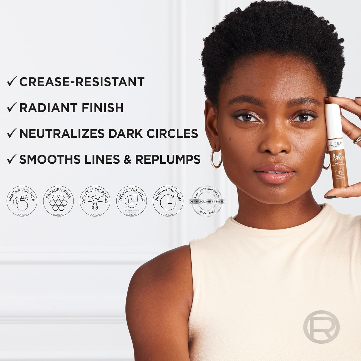 L’Oréal Paris True Match Radiant Serum Concealer, Brightening Under Eye Concealer Make Up with 1.5% Hyaluronic Acid and Caffeine, N9, 0.33 Oz