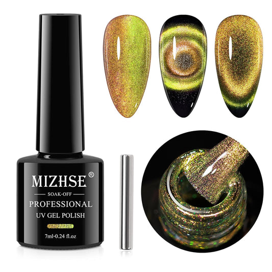 MIZHSE 9D Cat Eye Gel Nail Polish, Brown to Greed Magnetic Gel Polish with Magnet Stick, Galaxy Effect Holographic Cateye Nail Gel Soak Off Nail Art Manicure Home | alldaygood beauty