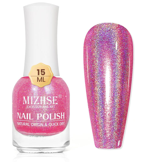 MIZHSE Holographic Nail Polish, Pink Glitter Nail Polish Air Dry Fast, 15 ml High Glossy Shimmer Nail Pigment Oil-based Laser Iridescent Nail Lacquer Chrome Halo Nail Art Salon Manicure Home | alldaygood beauty