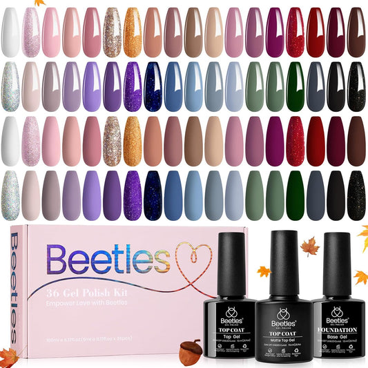 Beetles Gel Nail Polish Set 36 Colors Fall Winter Nail Gel Polish Kit Burgundy Red Blue Green Brown Gold Glitter Pink with Base Coat Glossy Matte Top Coat Manicure Gifts for Women Neutral Elegance | alldaygood beauty