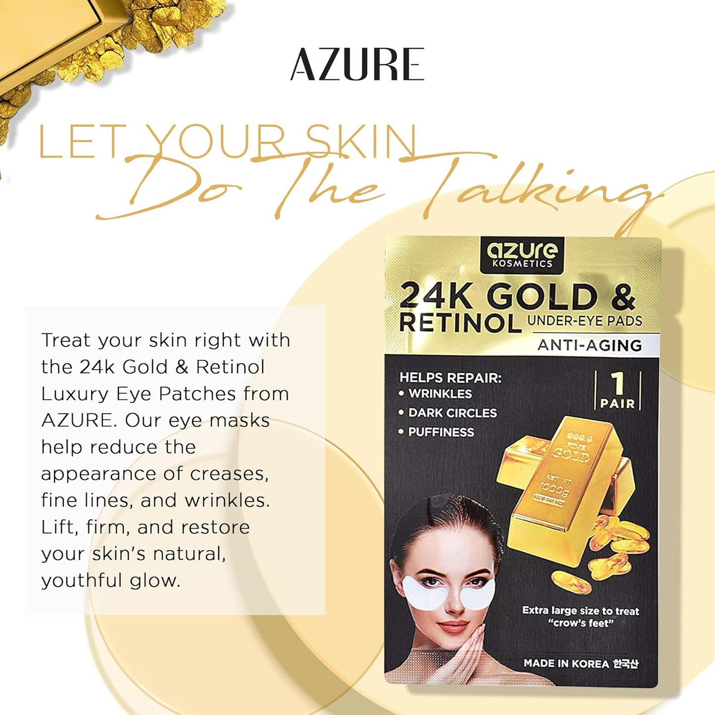AZURE 24K Gold & Retinol Anti Aging Under Eye Patches - Firming, Restoring & Deeply Hydrating Eye Mask - Reduces Fine Lines, Wrinkles, Dark Circles & Puffiness - Skin Care Made in Korea - 5 Pairs
