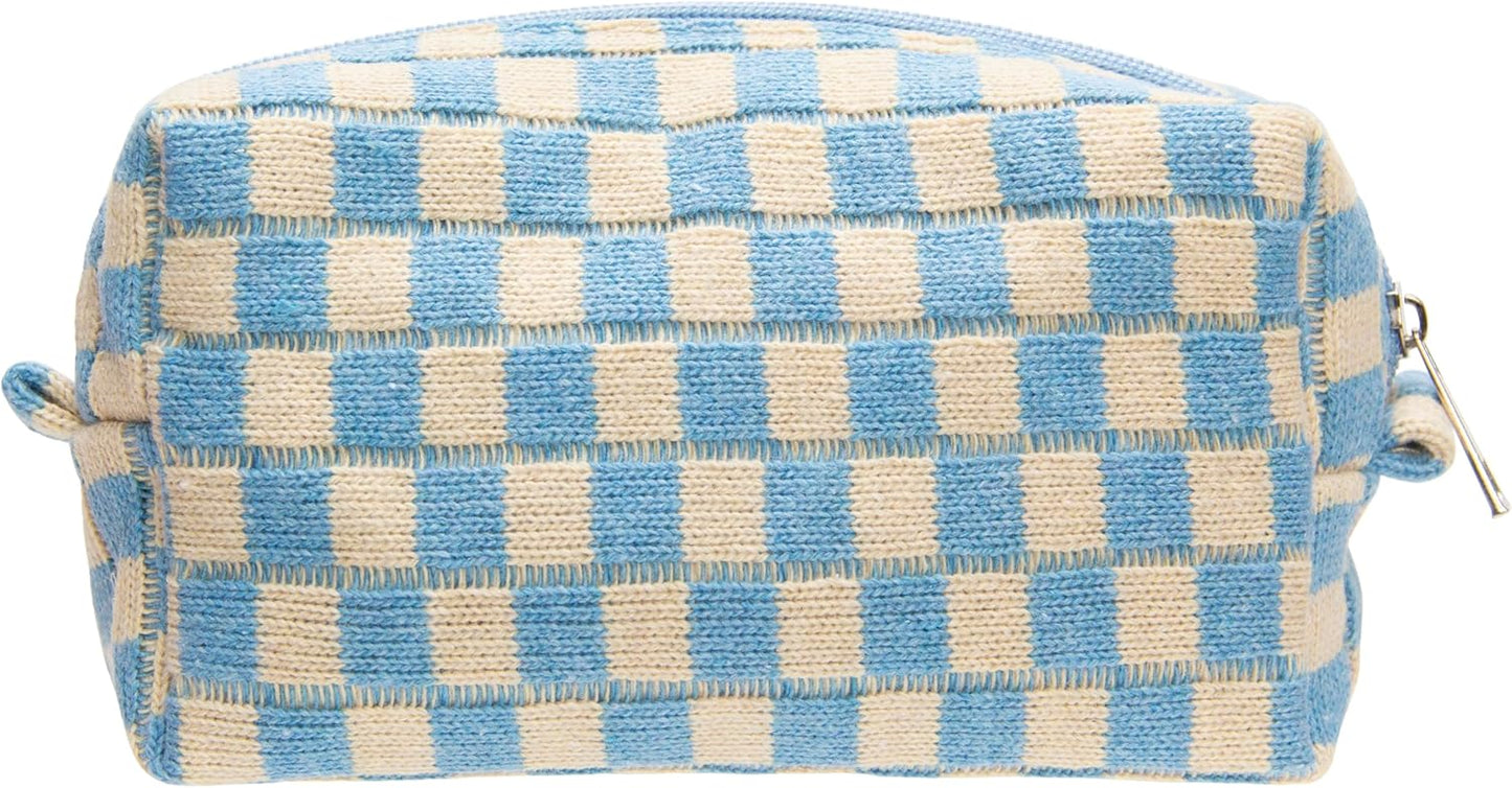 PAZIMIIK Checkered Makeup Bag for Purse Portable Zipper Make Up Pouch Small Cosmetic Case for Travel Accessories Blue Beige
