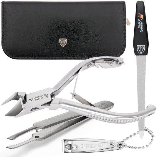 3 Swords Germany - Brand Quality Professional Toe Nail Nipper Set Stainless Steel INOX Wave Nipper, Head Cutter, Nail File Finger Clipper, Tweezers with case for ingrown Toe Nails by 3 Swords (202) | alldaygood beauty