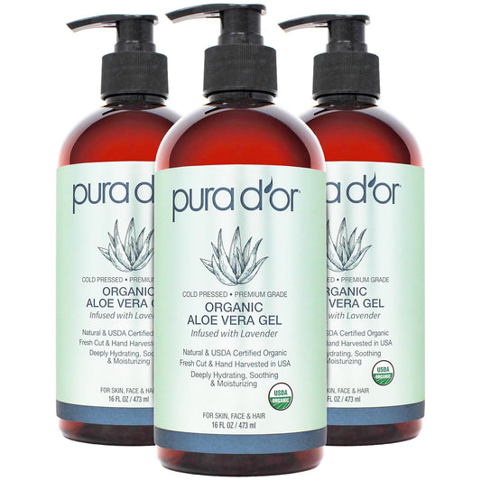 PURA D'OR ORGANIC Aloe Vera Gel Lavender (16 Oz X 3) All Natural - ZERO Artificial Preservatives - Deeply Hydrating & Moisturizing - Sunburn, Bug Bites, Rashes, Small Cuts, Eczema Relief - Skin & Hair | alldaygood beauty