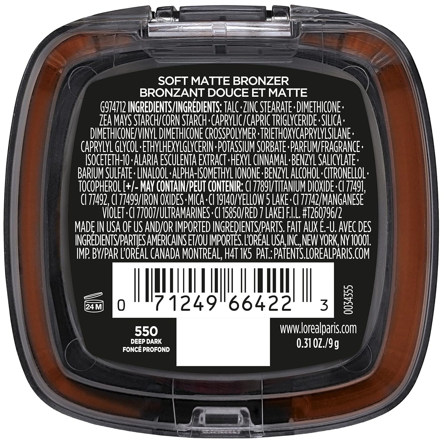 L'Oreal Paris Infallible Up to 24H Fresh Wear Soft Matte Longwear Bronzer. Waterproof, heatproof, Transfer, humidity and sweatproof, Deep Dark, 0.31 oz