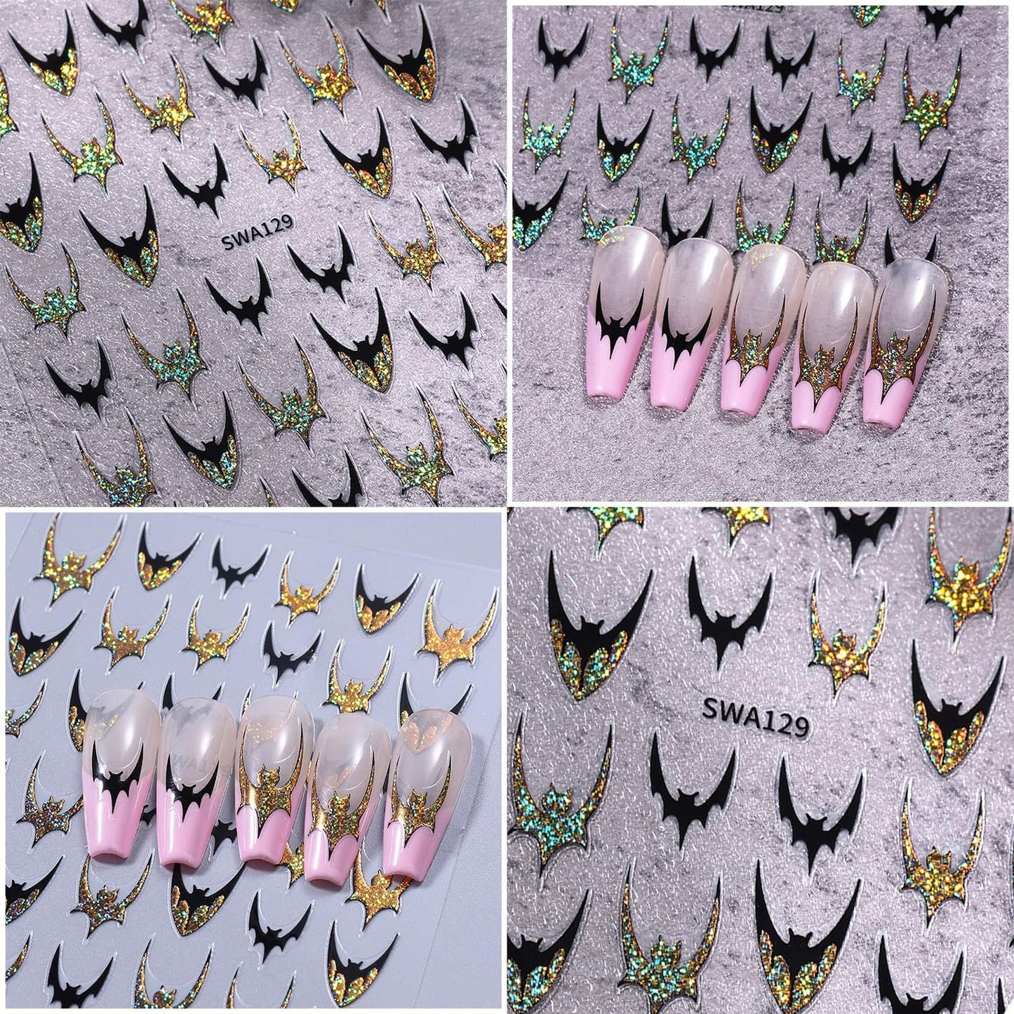 6 Sheets Halloween Nail Stickers for Nail Art Gold Glitter Bat Nail Art Stickers 3D Self-Adhesive Holiday Nail Decals Silver Bat Nail Design Sticker for Women Halloween Manicure Decoration