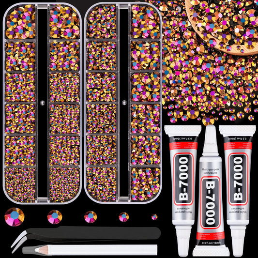 Resin Jelly Rhinestones for Crafting with B7000 Jewelry Glue, 2 Boxes Gold Rose AB Flatback Crystals with 3Pcs 10ml Glue, Bedazzling Non Hotfix Gems for DIY Tumblers Clothing Shoes Manicure
