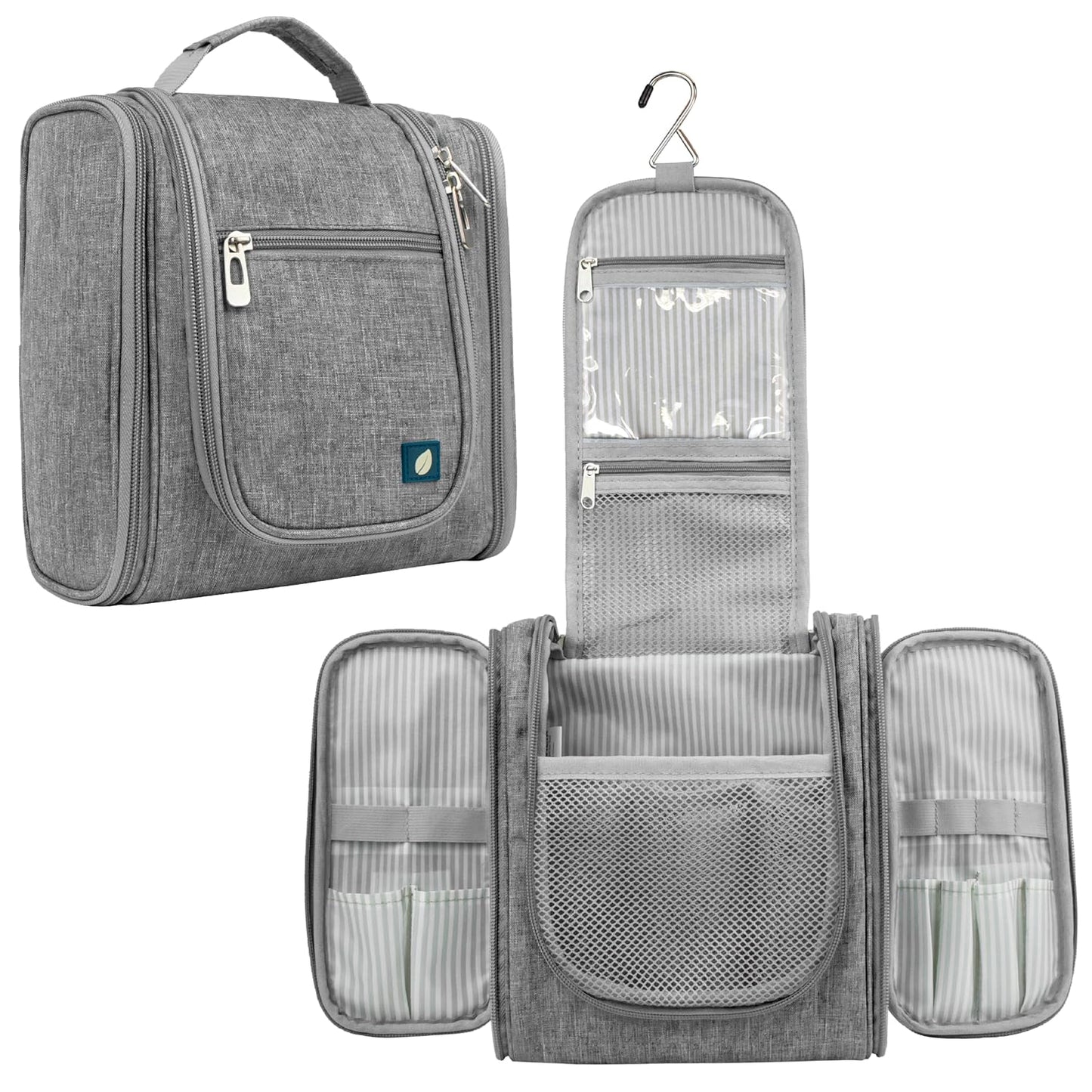 PAVILIA Toiletry Bag Travel Bag for Women Men, Hanging Cosmetic Organizer, Water Resistant Makeup Bag for Accessories Toiletries, Large Travel Essentials Kit (Grey)
