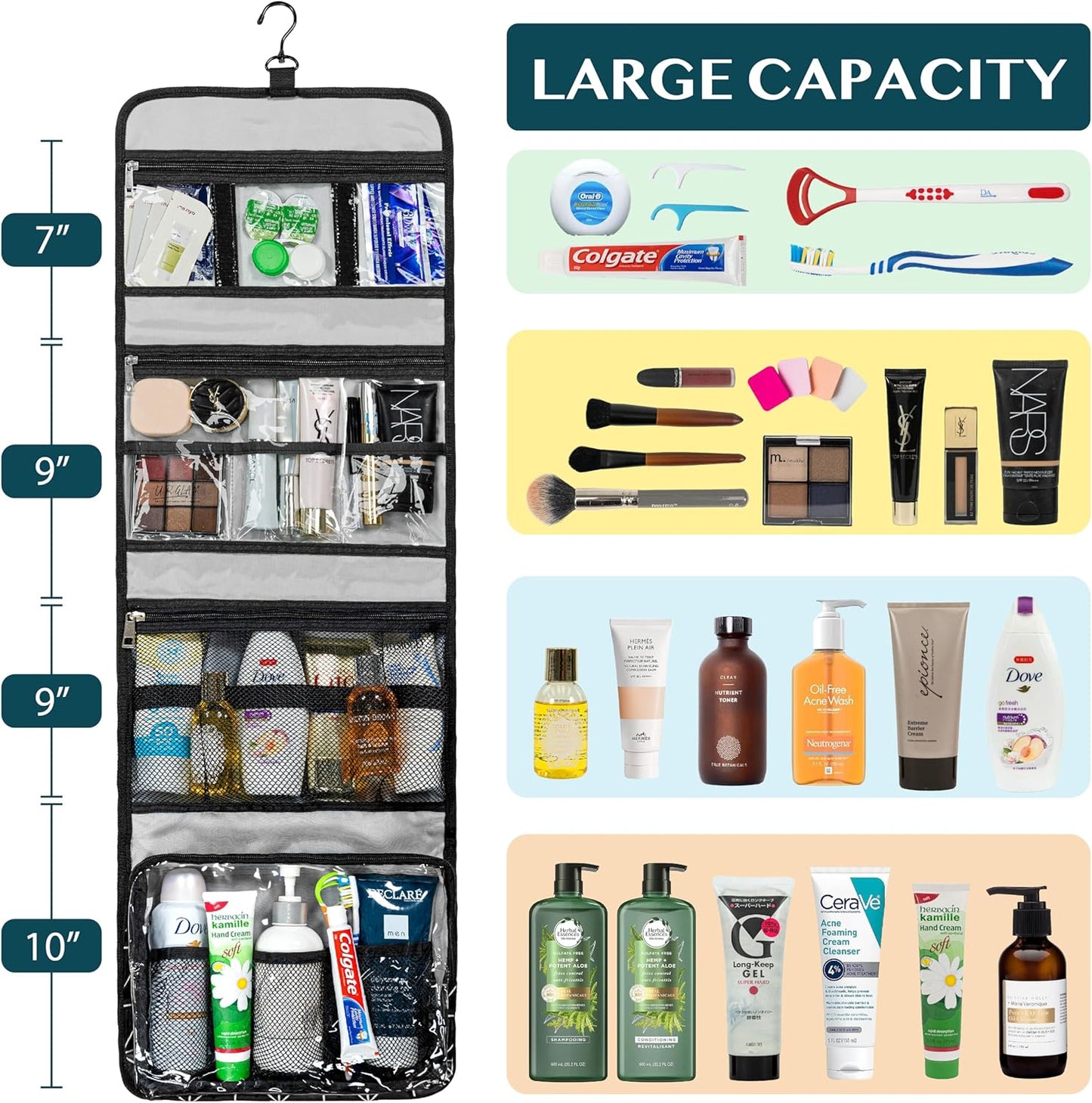 PAVILIA Travel Hanging Toiletry Bag for Women Men, Large Capacity Makeup Bag Kit, Waterproof Cosmetic Storage Organizer Case for Bathroom Shower