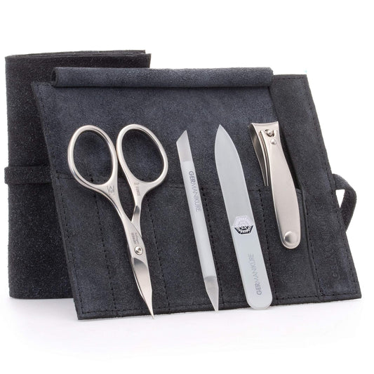 GERMANIKURE 4pc Mini Professional Manicure Set in Suede Case - FINOX Stainless Steel Tools Made in Solingen Germany, Glass Nail Care Supplies Made in Czech Republic | alldaygood beauty