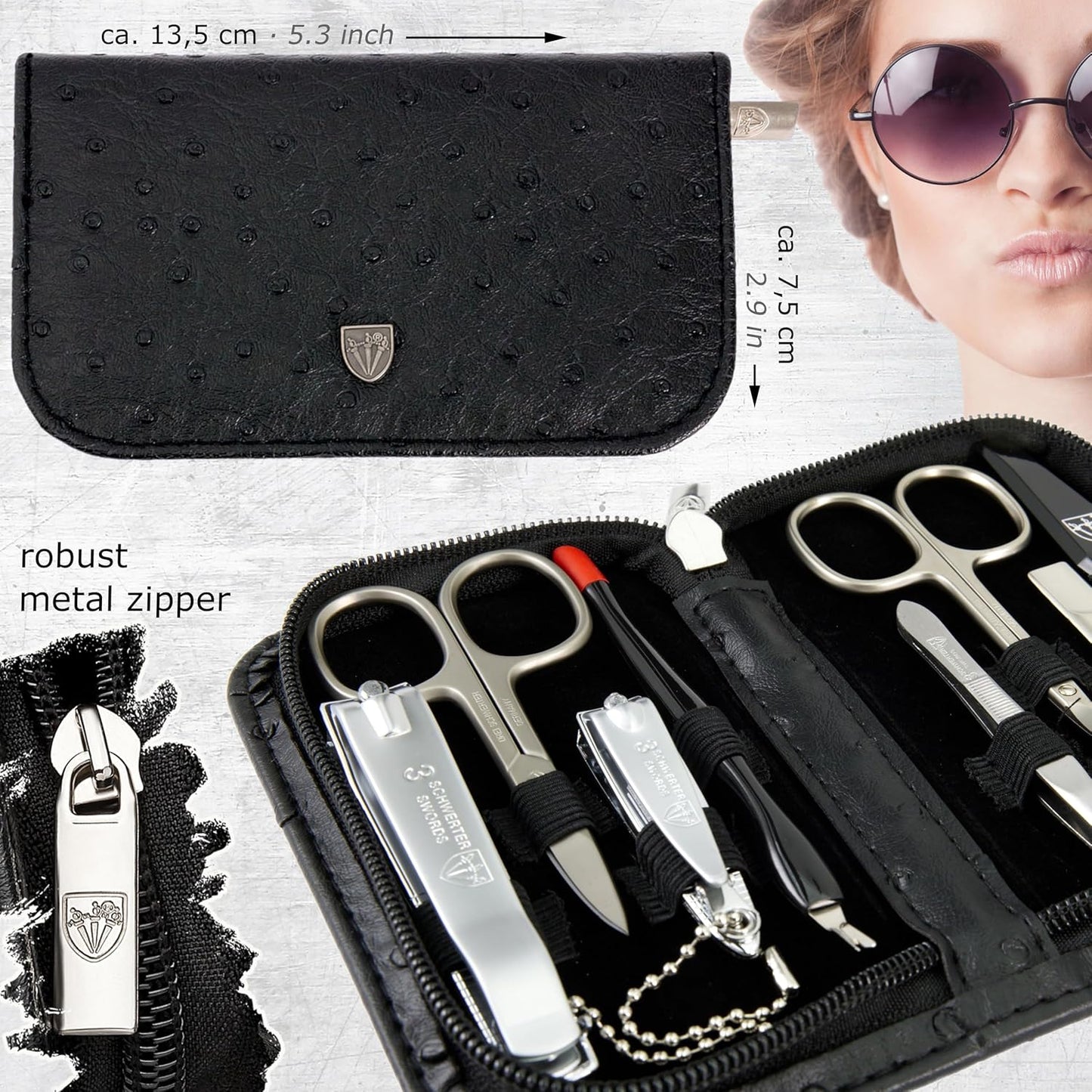 3 Swords Germany – brand quality 8 piece manicure pedicure grooming kit set for professional nail care with synthetic leather case ostrich black - Made in Germany