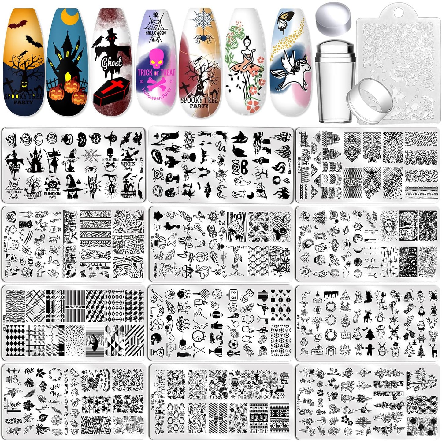 Biutee Nail Stamping Plate Set 12Pcs Nail Art Stamping Plates Nail Stamping Kit Nail Stamper Kit Flower Leaves Animal Lace Star Halloween Christmas Design Nail Stamp Plate
