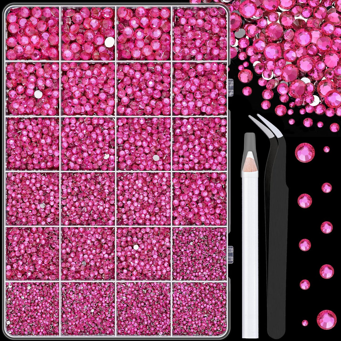 25000Pcs Resin Rhinestones with Tweezers for Crafting, Hot Pink 2-6mm Mixed Sizes Non Hotfix Flatback Gems, Bedazzling Crystal for DIY Craft Clothing Mugs Tumblers Shoes Fabric Decor Nail Art
