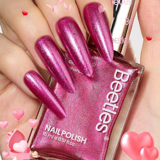 Beetles Hot Pink Nail Polish 15ml, Valentines Day Gifts for Women Fast Drying & Long Lasting Glitter Nail Polish Pink Nail Lacquer Glossy for DIY Nail Salon-Quality Results | alldaygood beauty
