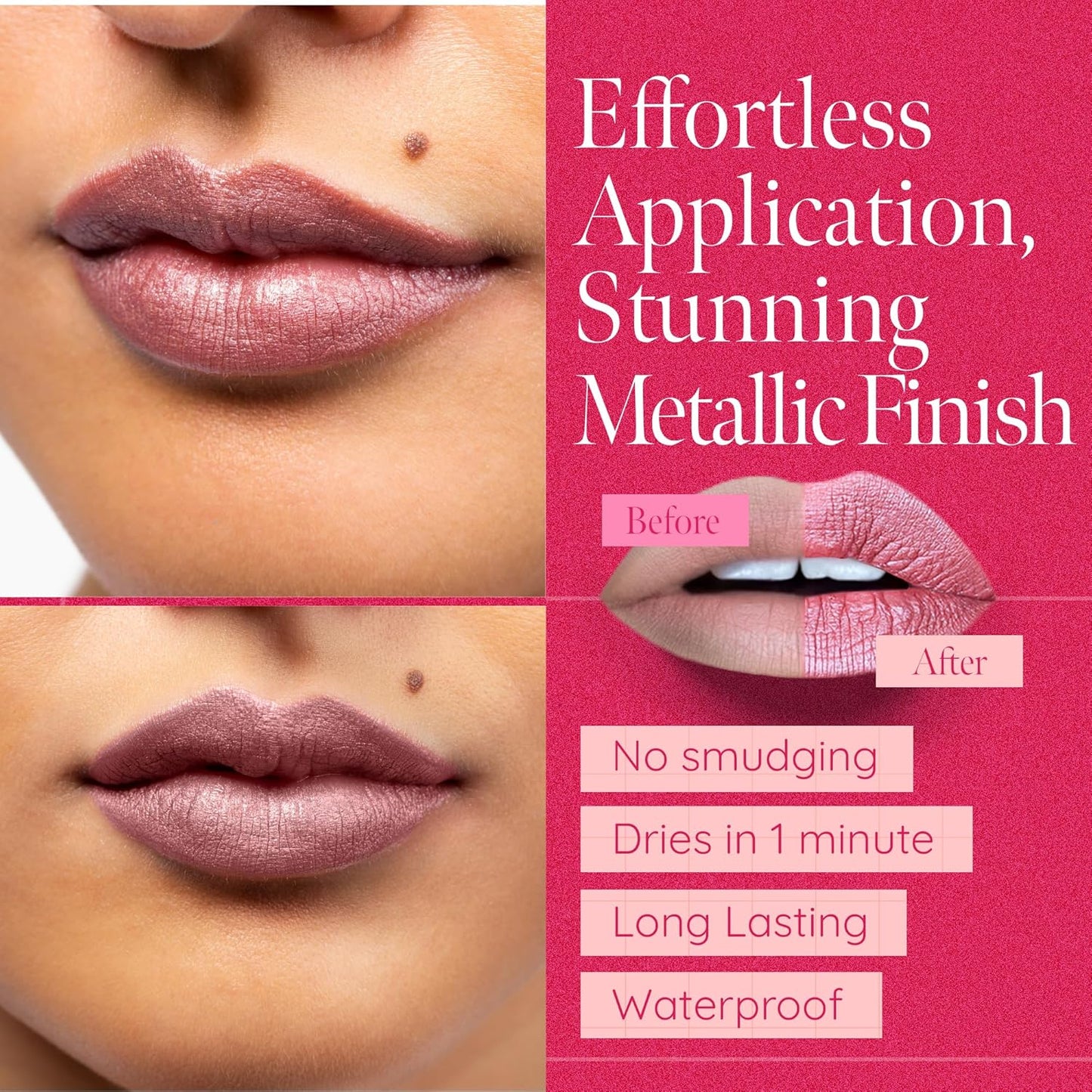 Aromi Metallic Liquid Lipstick | Dusty Rose Lip Color w/Shimmery Finish, Long-Lasting, Waterproof, Nude Berry, Vegan, Cruelty-Free (Pixie Dust)