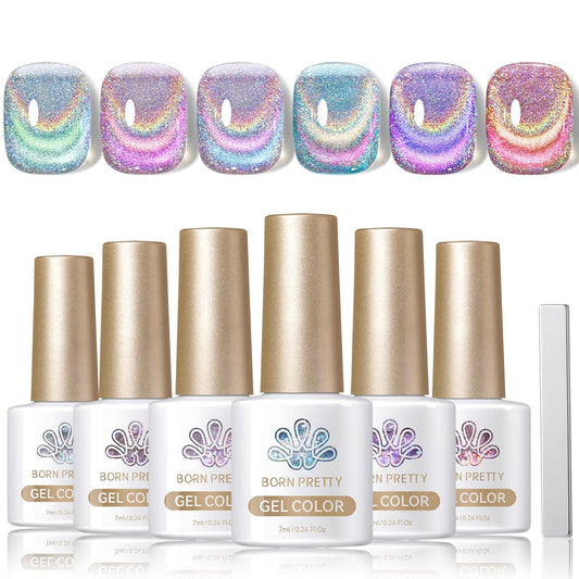 Born Pretty Magnetic Gel Nail Polish Holographic Glass Cat Magnetic Eye Gel Polish Nail Gel Soak Off Nail Art Salon Manicure Collection Gift 6pcs | alldaygood beauty