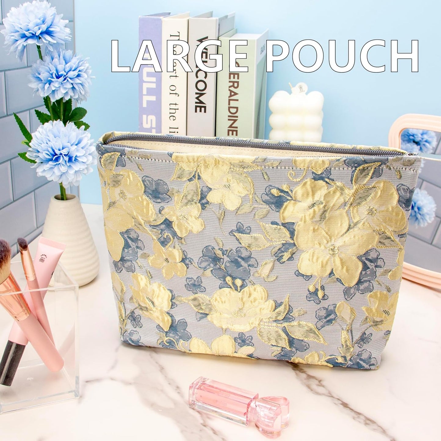 PAZIMIIK Makeup Bag Large Cotton Zipper Pouch for Purse Travel Canvas Make Up Organizer for Women Cosmetic,Brocade Blue