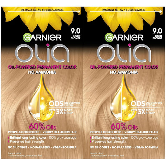 Garnier Hair Color Olia Ammonia-Free Brilliant Color Oil-Rich Permanent Hair Dye, 9.0 Light Blonde, 2 Count (Packaging May Vary)