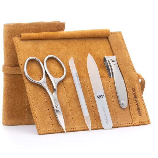GERMANIKURE 4pc Mini Professional Manicure Set in Suede Case - FINOX Stainless Steel Tools Made in Solingen Germany, Glass Nail Care Supplies Made in Czech Republic | alldaygood beauty