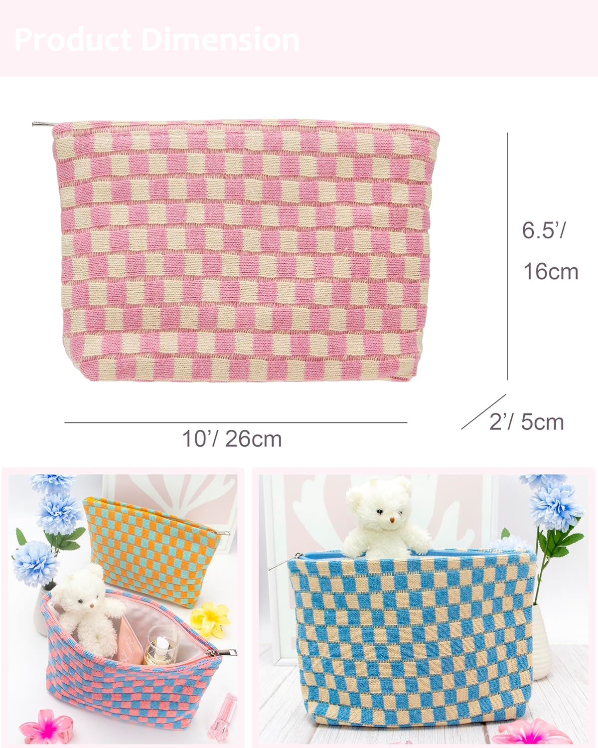 Knitted Checkered Makeup Bag Large Zipper Make Up Accessory Pouch for Purse Cosmetic Brush Bag for Travel Essential Pink Beige