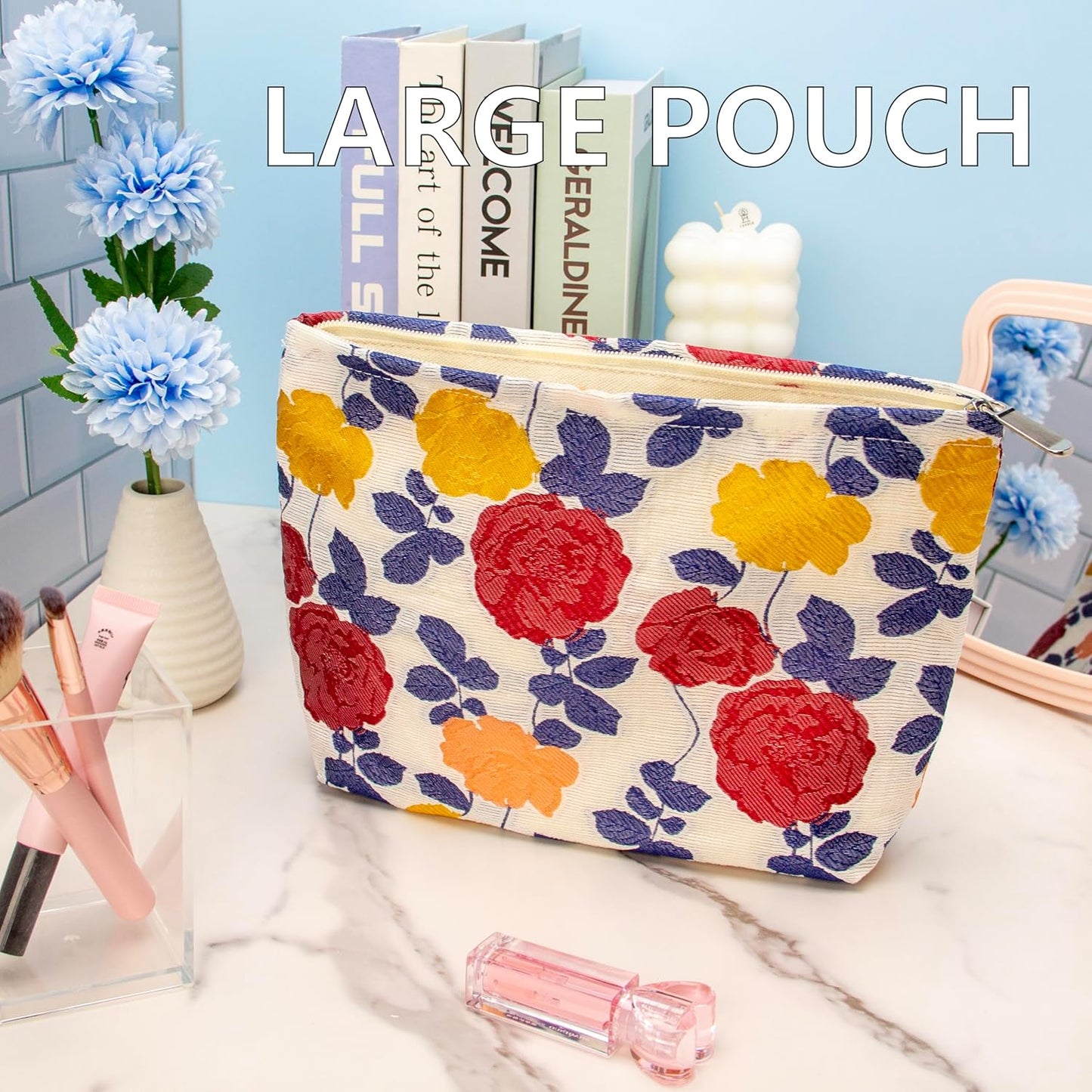 PAZIMIIK Makeup Bag Large Cotton Zipper Pouch for Purse Travel Canvas Make Up Organizer for Women Cosmetic,Rose Beige