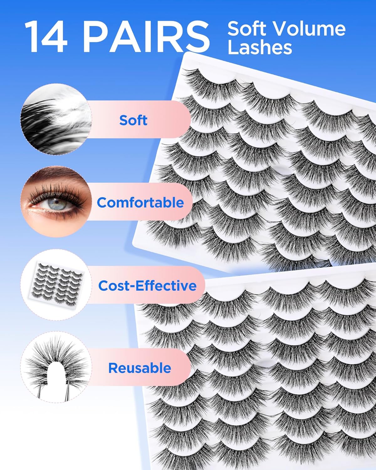 BEYELIAN 14 Pairs False Eyelashes Clear Band D Curl 9-15MM Eye Lashes Pack, Soft and Lightweight Invisible Band Faux Mink Lashes, Reusable, Easy to Apply (14P-HSCS-55)