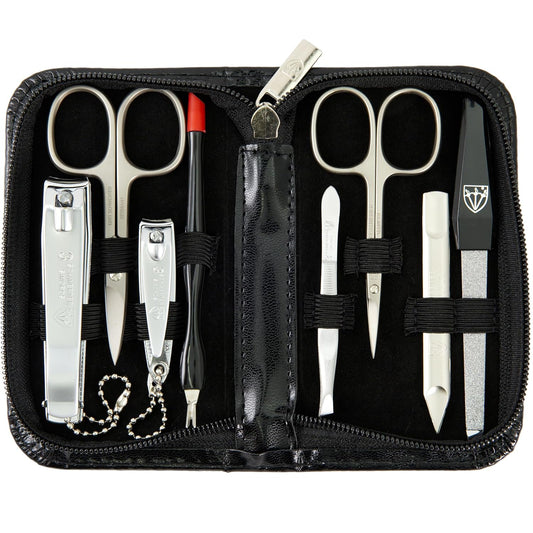 3 Swords Germany – brand quality 8 piece manicure pedicure grooming kit set for professional nail care with synthetic leather case black - Made in Germany | alldaygood beauty