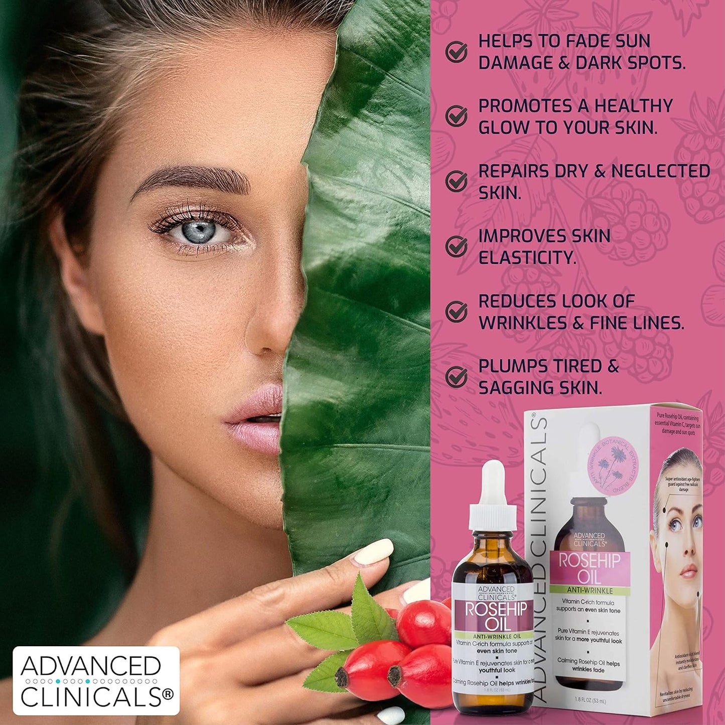 Advanced Clinicals Rosehip Oil For Face | Anti Wrinkle Facial Skin Care Serum | Vitamin C Serum Moisturizer Face Oil W/Vitamin E For Fine Lines, Dark Spots, Uneven Skin Tone, & Sun Damage, 1.8 Fl Oz