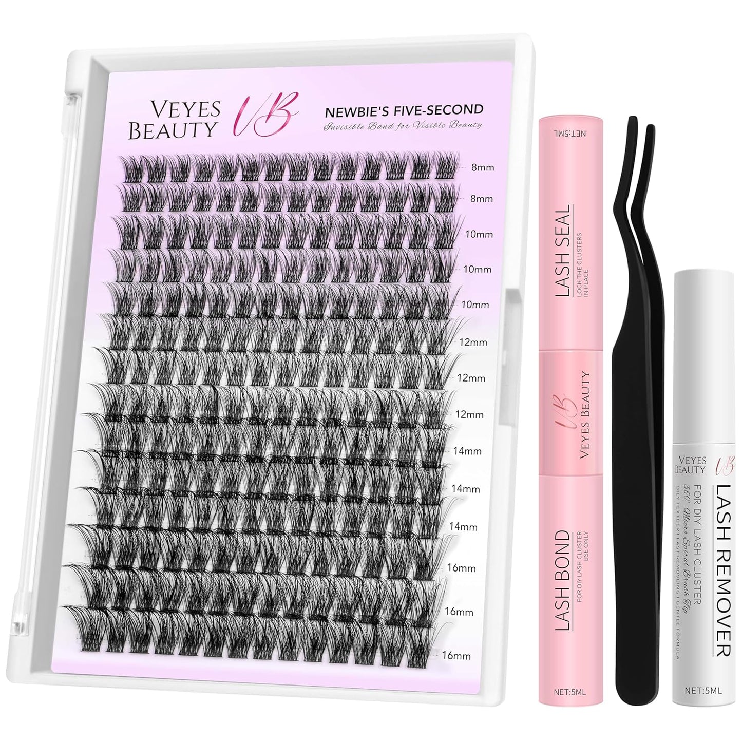 VEYESBEAUTY Lash Clusters Kit Individual Eyelash Extensions Thin & Invisible Band DIY False Eyelashes Newbie's Five-Second Series Wispy Lash Tray, Boldeye KIT with Bond&Seal Remover Applicator