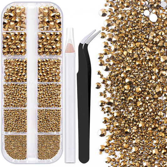 One Pack 2000 Pcs of Flatback Round Mineral Gold Rhinestones 6 Sizes (1.5-6 mm) with Nail Art Rhinestone Picker Pencil and Tweezers for DIY and Salon Use