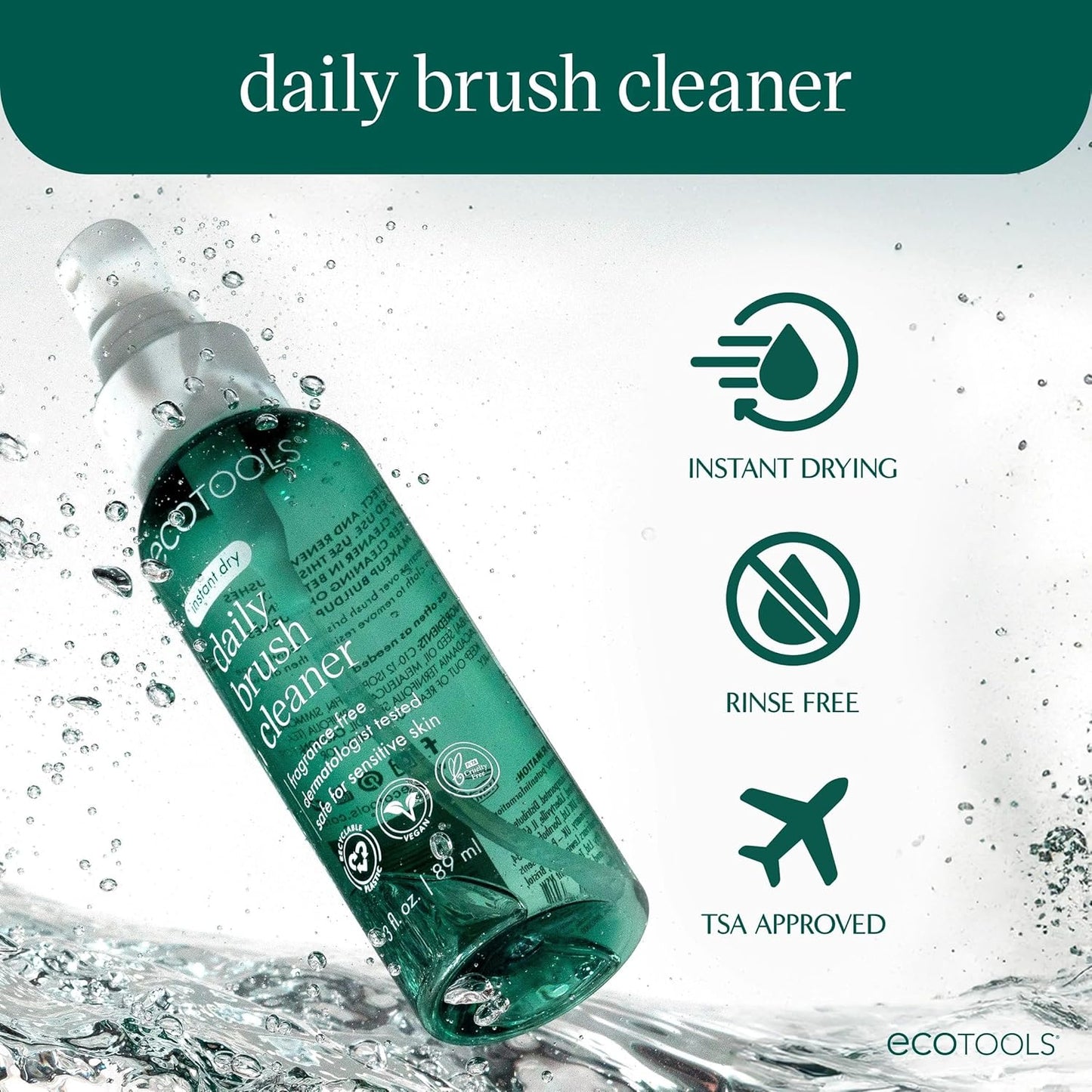 EcoTools Daily Makeup Brush Cleanser Spray, Quick Drying, Fragrance Free & Dermatologist Tested, Travel Size, TSA Approved, Cruelty-Free & Vegan 3 fl oz./89 ml. Bottle XL Refill