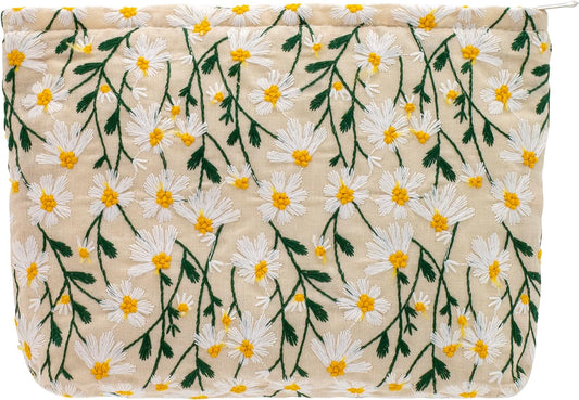 Makeup Bags for Purse Zipper Cosmetic Pouch Large Travel Canvas Make Up Organizer Tool Pouch for Women and Girls,Daisy White