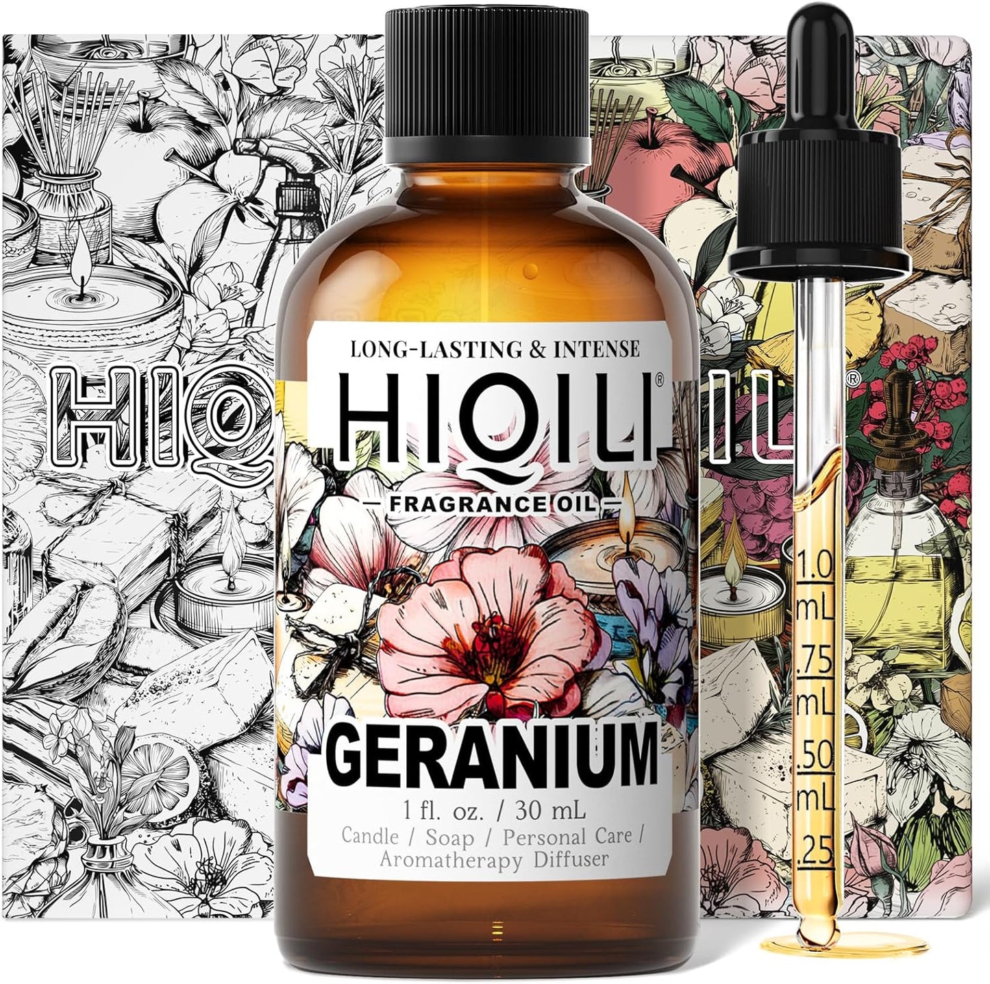 HIQILI Geranium Fragrance Oil for Home Diffuser, Relaxation, Essential Oil for Candle & Soap Making, Long-Lasting Scents, Car Freshies - 1 Fl Oz