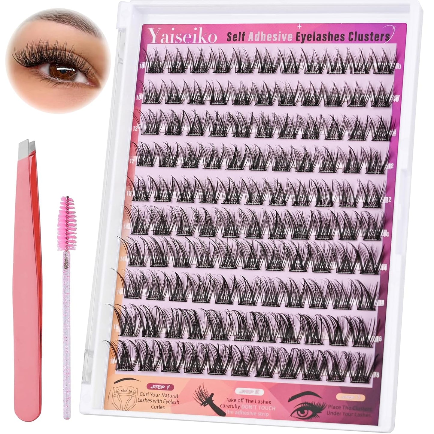 Self Adhesive Eyelashes Kit Wispy Eyelash Extension Self Adhesive Lashes Reusable Press on Lashes No Glue Needed Lash Clusters 10-16mm D Curl Pre Glued Eyelashes Clusters(A01,110Pcs)