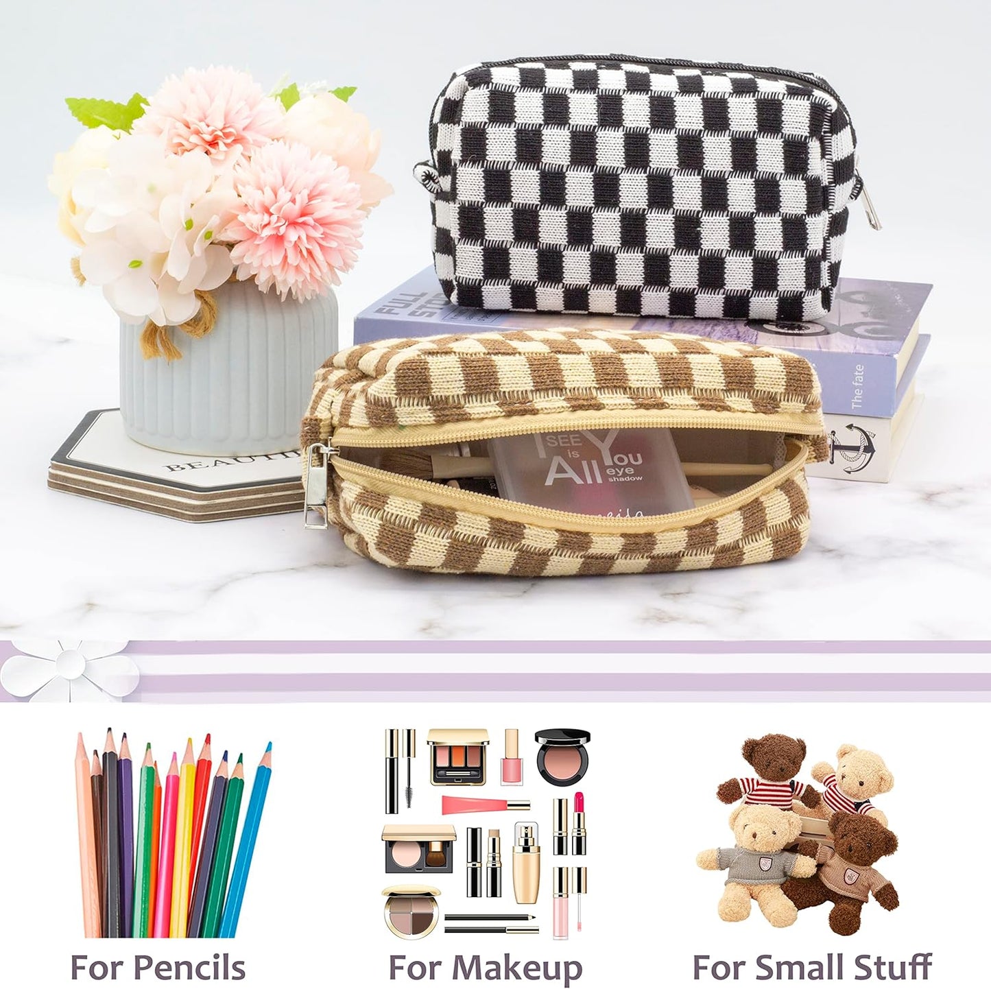 PAZIMIIK Checkered Makeup Bag for Purse Portable Zipper Make Up Pouch Small Cosmetic Case for Travel Accessories (2PCS Coffee)
