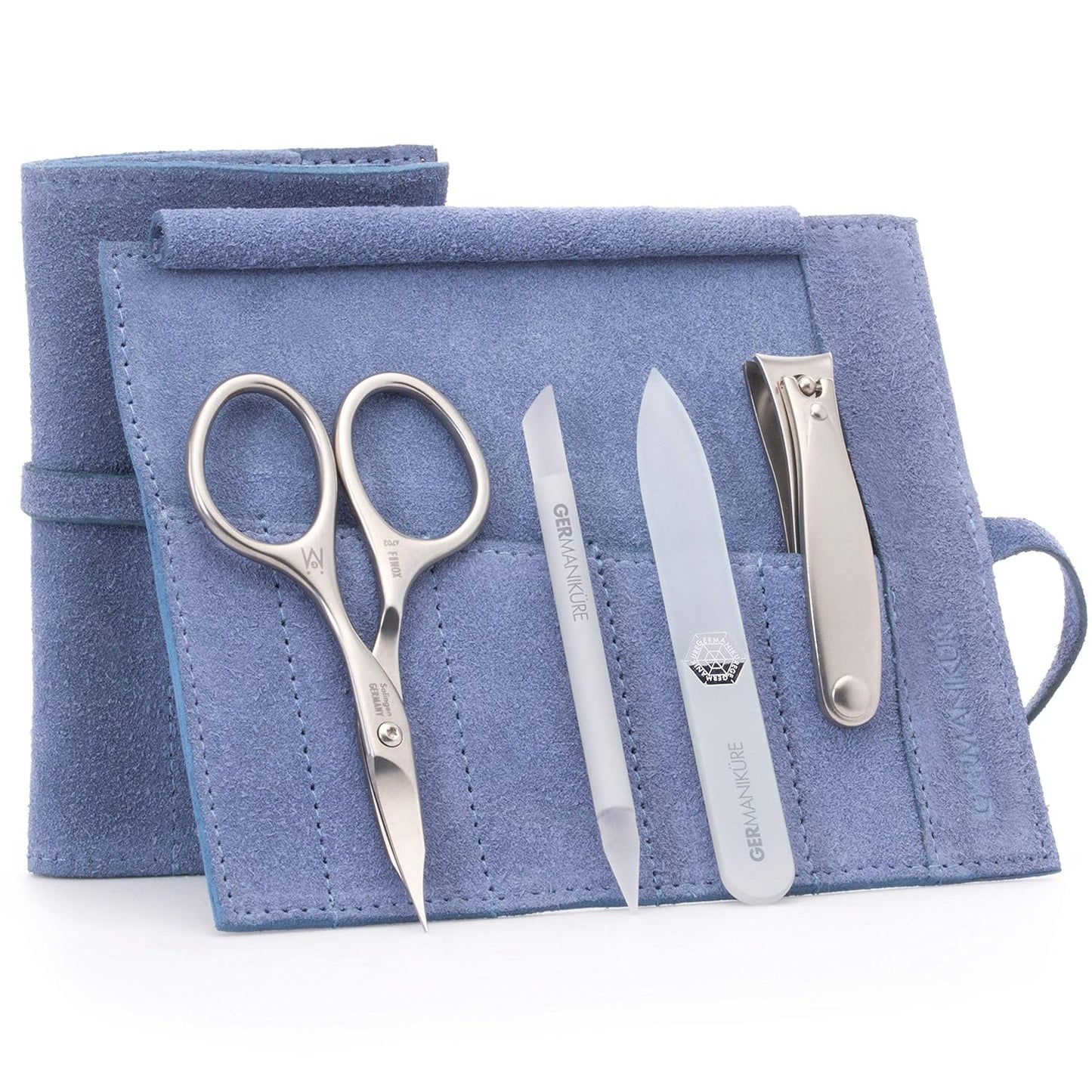 GERMANIKURE 4pc Mini Professional Manicure Set in Suede Case - FINOX Stainless Steel Tools Made in Solingen Germany, Glass Nail Care Supplies Made in Czech Republic