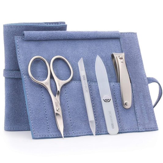 GERMANIKURE 4pc Mini Professional Manicure Set in Suede Case - FINOX Stainless Steel Tools Made in Solingen Germany, Glass Nail Care Supplies Made in Czech Republic | alldaygood beauty